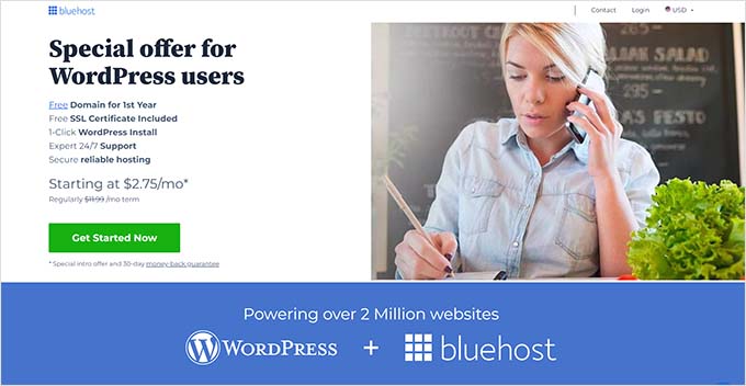 ブルーホストのウェブサイト Bluehost website