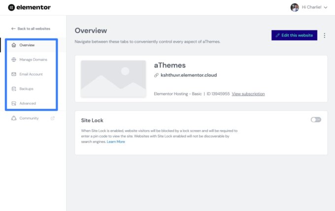 إدارة موقع Elementor Hosting الخاص بك، وأجزاء من لوحة تحكم Elementor Hosting، ولقطة شاشة مشروحة