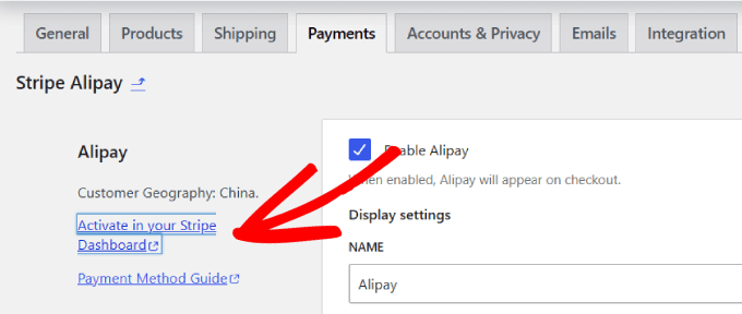 เปิดใช้งานในแดชบอร์ด Stripe Activate in Stripe dashboard