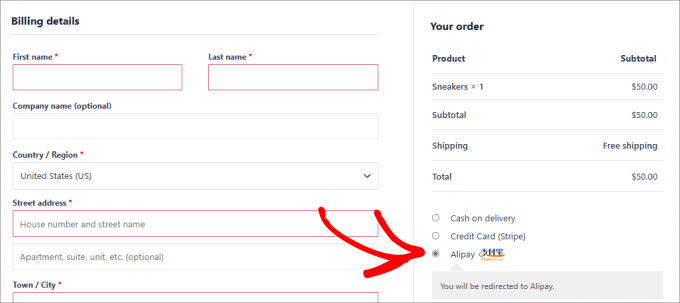 ตัวเลือกการชำระเงิน Alipay Alipay checkout option