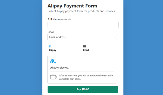 ตัวอย่างแบบฟอร์มการชำระเงินอาลี alipay payment form preview