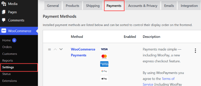 แท็บการชำระเงิน WooCommerce WooCommerce payments tab