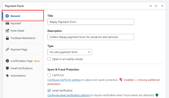 แท็บทั่วไป wp จ่ายง่าย General tab WP Simple Pay