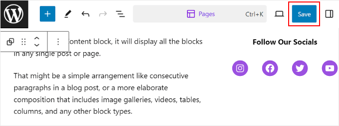 Facendo clic sul pulsante Salva nell'editor di WordPress Clicking the Save button on the WordPress editor