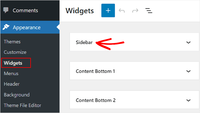 Passando al menu Widget di aspetto e selezionando Barra laterale nel pannello di amministrazione di WordPress Navigating to the Appearance Widgets menu and selecting Sidebar on WordPress admin panel