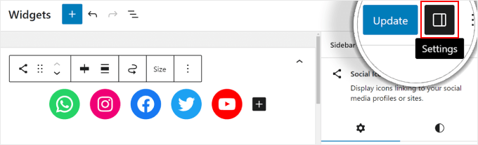 Selezionando l'icona Impostazioni nella pagina Widget Selecting the Settings icon on the Widgets page