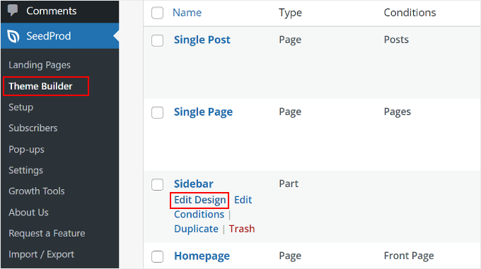 Facendo clic su Modifica design sul modello della barra laterale all'interno di SeedProd Clicking Edit Design on the Sidebar template inside SeedProd