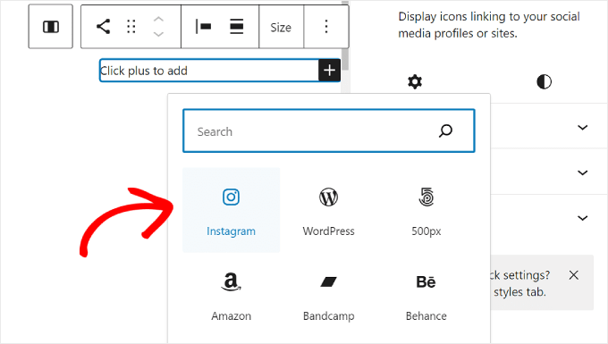 Aggiunta di un profilo social al blocco Icone social Adding a social profile to the Social Icons block