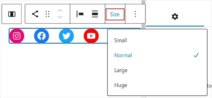 Personalizzazione delle dimensioni dei pulsanti utilizzando la barra degli strumenti del blocco Icone Social Customizing the buttons' sizes using the Social Icons block toolbar