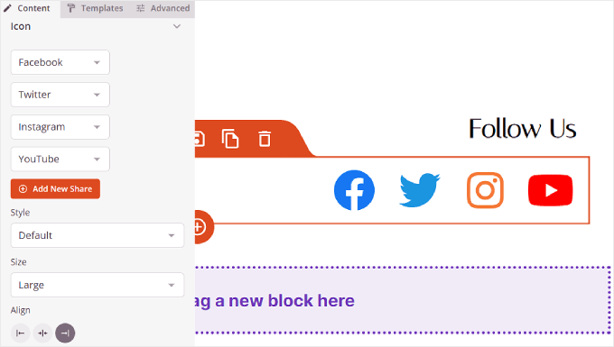 Configurazione della scheda Contenuto del blocco Profili social in SeedProd Configuring the Content tab of the Social Profiles block in SeedProd