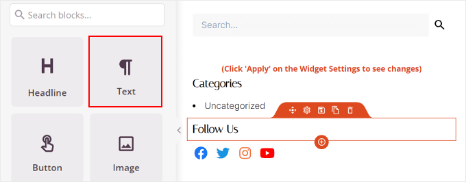 Creazione di un testo Seguici sopra il blocco Profili social su SeedProd Creating a Follow Us text on top of the Social Profiles block on SeedProd