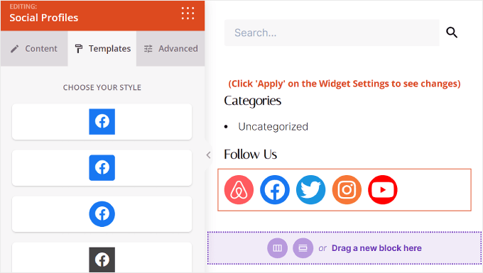 Modifica dell'impostazione dei modelli per il blocco Profili social in SeedProd Editing the Templates setting for the Social Profiles block in SeedProd