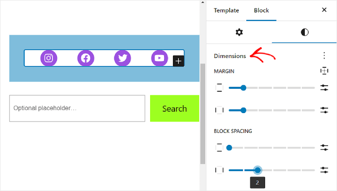 Configurazione delle impostazioni Dimensioni del blocco Icone social Configuring the Dimensions settings of the Social Icons block
