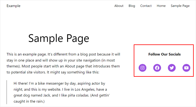 Esempio di come appare il blocco Icone social sul front-end Example of what the Social Icons block looks like on the front end