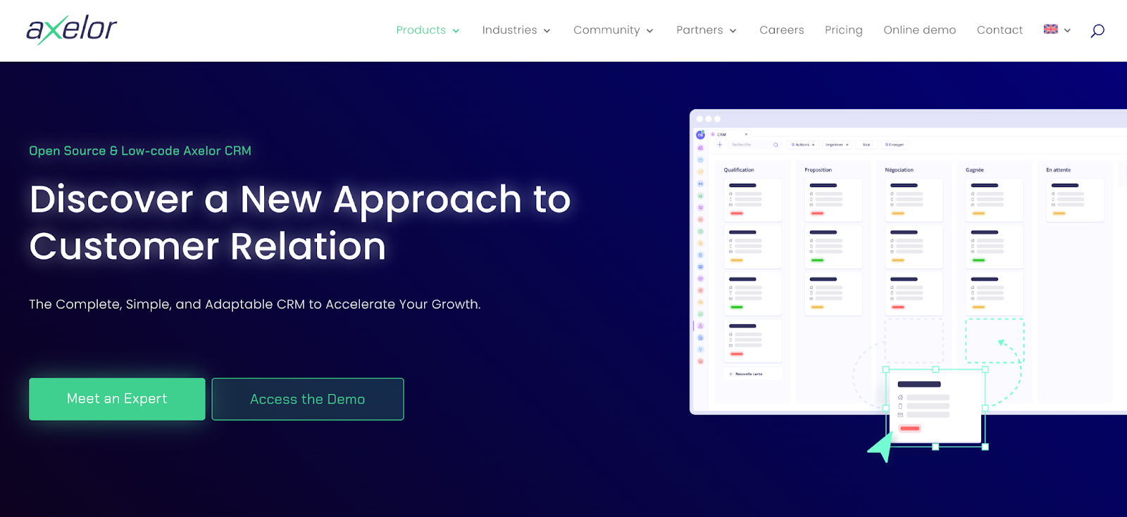 หน้าแรกของ Axelor CRM พร้อมข้อความ "ค้นพบแนวทางใหม่ในการสร้างความสัมพันธ์กับลูกค้า"