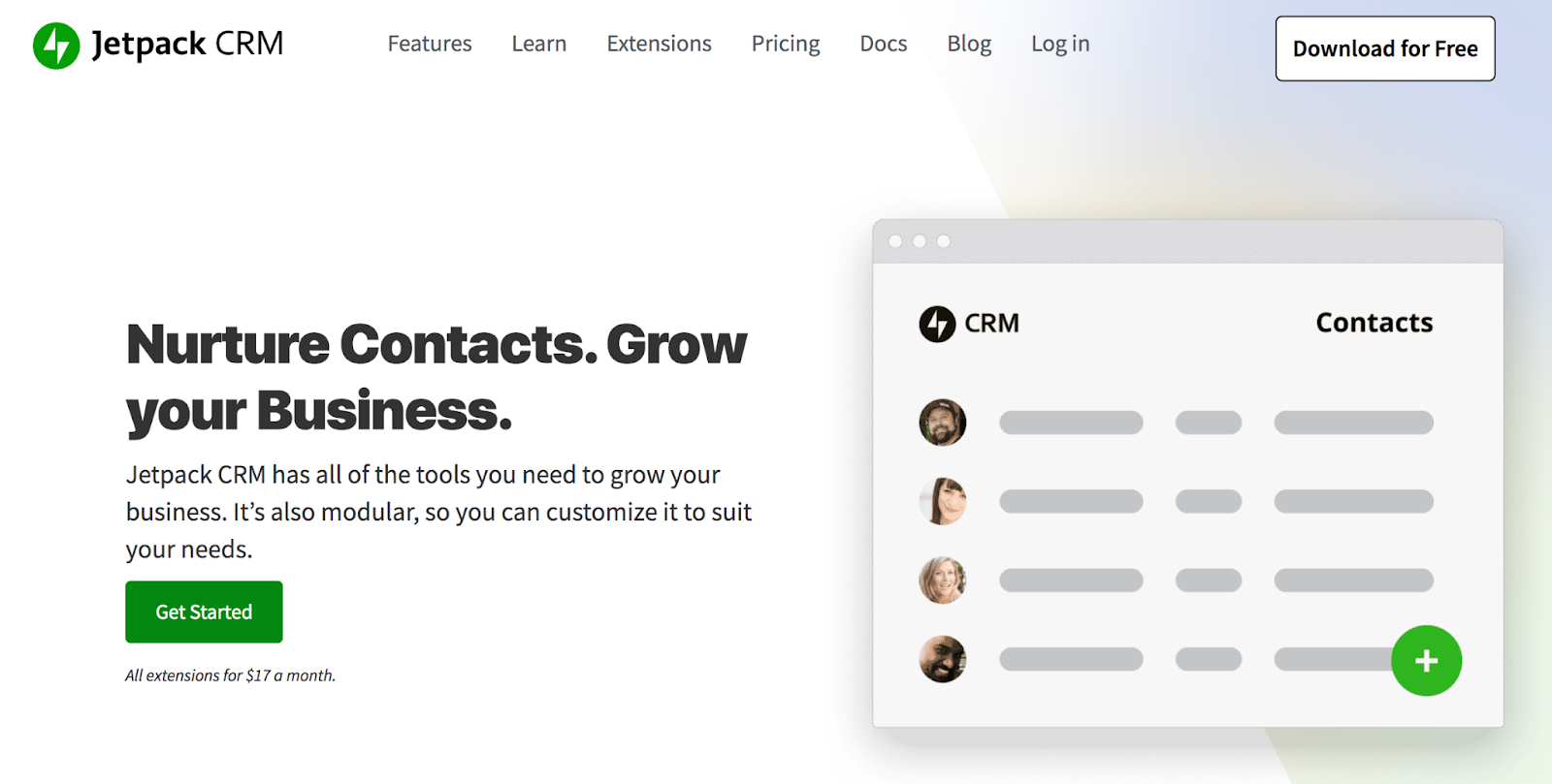 หน้าแรกของ Jetpack CRM พร้อมสโลแกน "ดูแลผู้ติดต่อ ขยายธุรกิจของคุณ"
