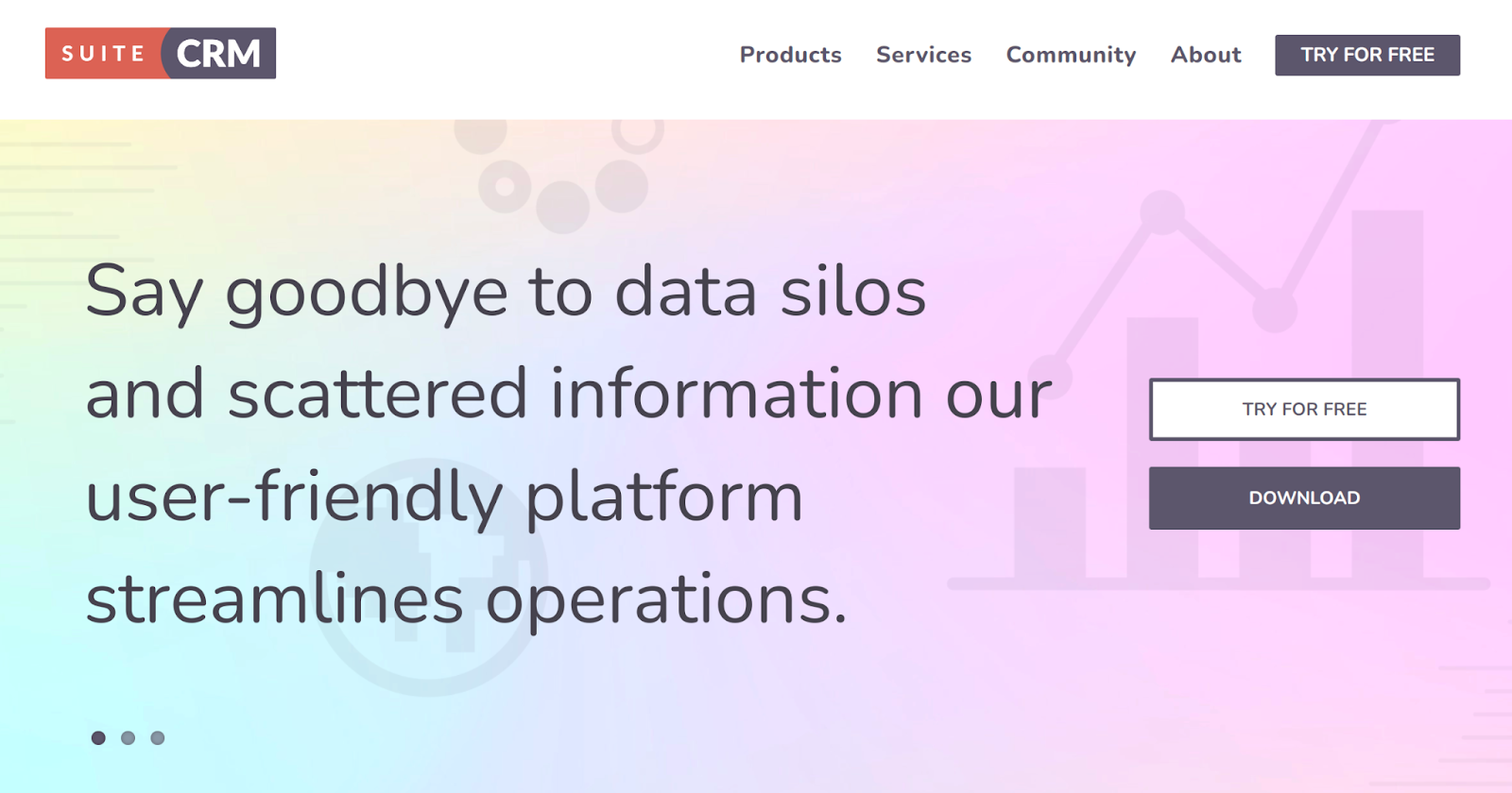 หน้าแรกของ SuiteCRM ที่มีข้อความ "บอกลาไซโลข้อมูล..."
