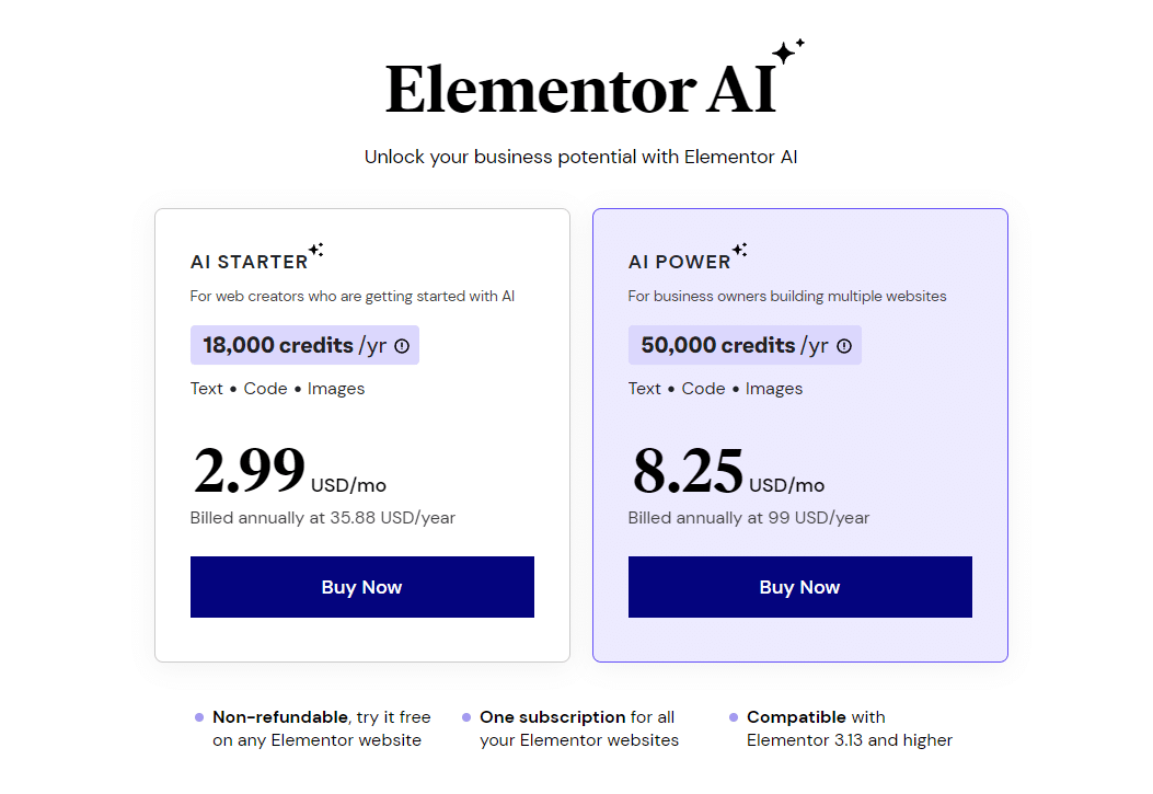 Opțiuni de preț Elementor AI – Sursa: Elementor AI