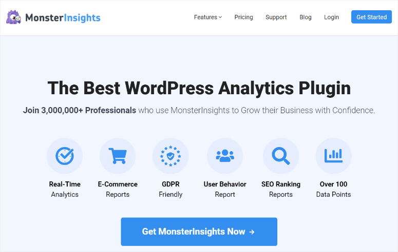 Monsterinsights-homepage - IsItWP - 무료 WordPress 테마 탐지기 monsterinsights homepage