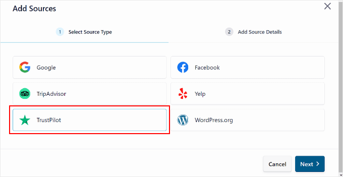 تحديد Trustpilot كمصدر للمراجعة في البرنامج المساعد الاحترافي لخلاصة التعليقات Selecting Trustpilot as a review source in the Reviews Feed pro plugin
