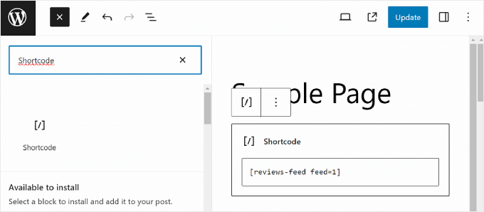 إضافة خلاصة التعليقات المضمنة عبر الرمز القصير في محرر المجموعة Adding the Reviews Feed embed via shortcode in the block editor