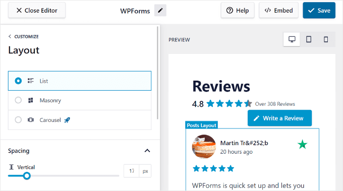 القسم العلوي من علامة التبويب "التخطيط" في محرر Reviews Feed Pro The top section of the Layout tab in the Reviews Feed Pro editor