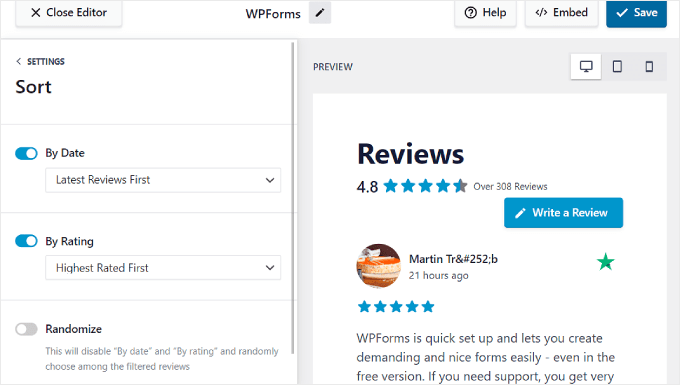 تكوين إعدادات فرز عرض المراجعة باستخدام البرنامج المساعد Reviews Feed Pro Configuring the review display sort settings using the Reviews Feed Pro plugin