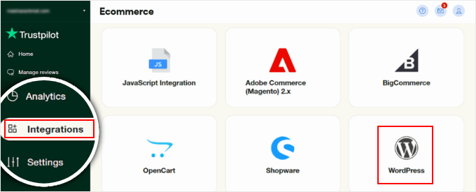 تحديد WordPress في قائمة تكاملات التجارة الإلكترونية في Trustpilot Selecting WordPress in the eCommerce integrations menu in Trustpilot