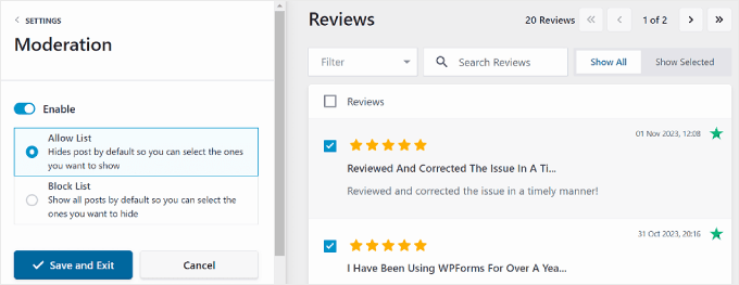 مراجعة إعدادات الإشراف في Feed Pro Reviews Feed Pro's moderation settings