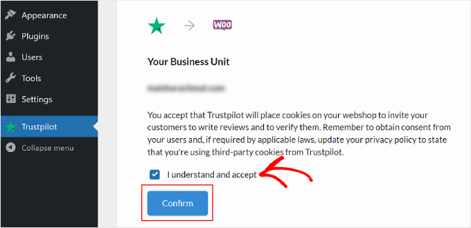 خطوة تأكيد ملف تعريف الارتباط عند إعداد Trustpilot The cookie confirmation step when setting up Trustpilot
