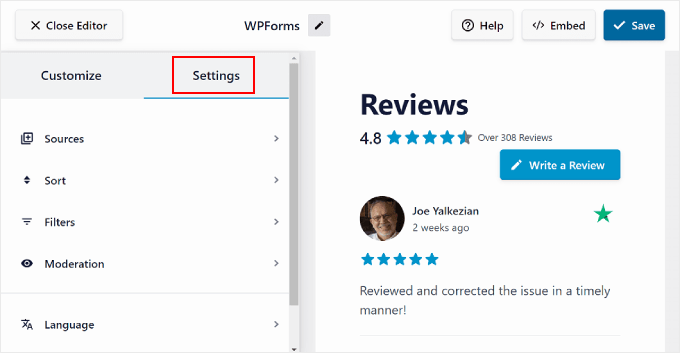 علامة التبويب "الإعدادات" في محرر Review Feed Pro The Settings tab in the Reviews Feed Pro editor