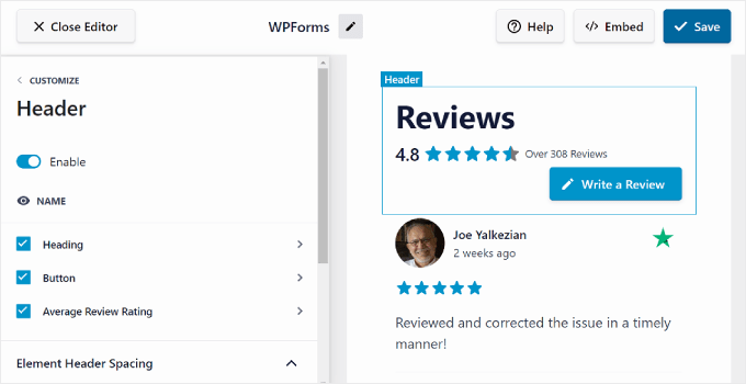 إعدادات رأس Feed Pro للمراجعات The Reviews Feed Pro Header settings