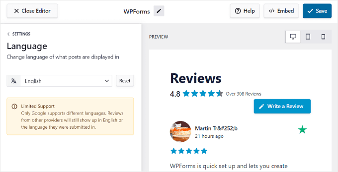 مراجعة إعدادات اللغة في Feed Pro Reviews Feed Pro's language settings