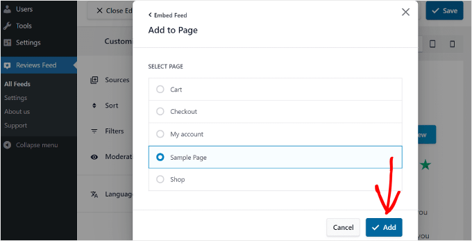 تحديد صفحة لإضافة خلاصة المراجعة لاستخدام البرنامج الإضافي Reviews Feed Pro Selecting a page to add review feed to using the Reviews Feed Pro plugin