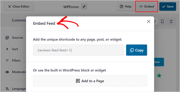 النقر على زر التضمين في البرنامج المساعد Reviews Feed Pro Clicking the Embed button on Reviews Feed Pro plugin