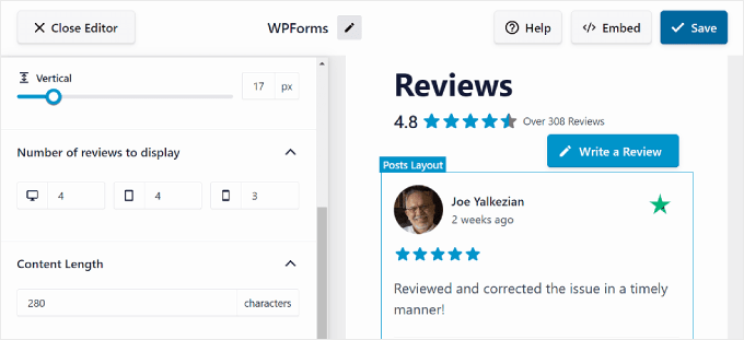قسم النصف الثاني من علامة التبويب "تخطيط" في محرر Reviews Feed Pro The second half section of the Layout tab in the Reviews Feed Pro editor
