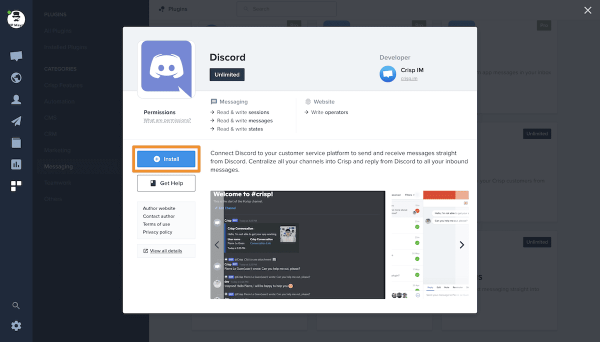 La schermata del plugin Discord che evidenzia il pulsante Installa.