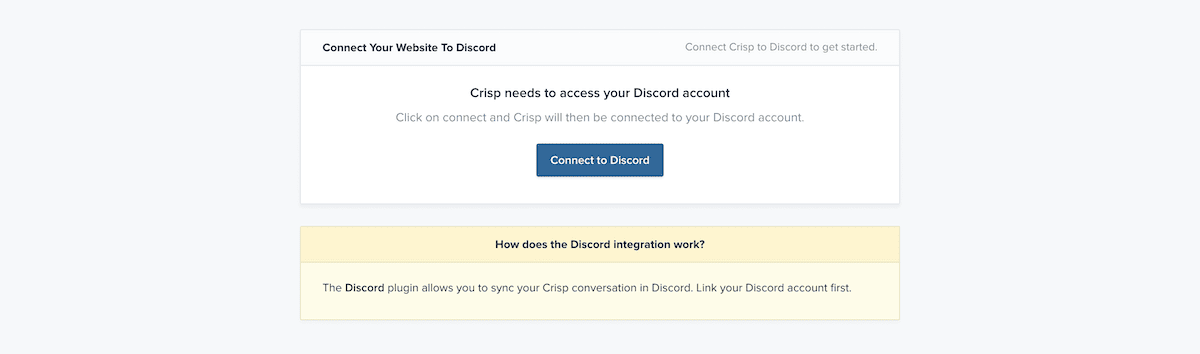 La schermata di dialogo per connettersi a Discord da Crisp.