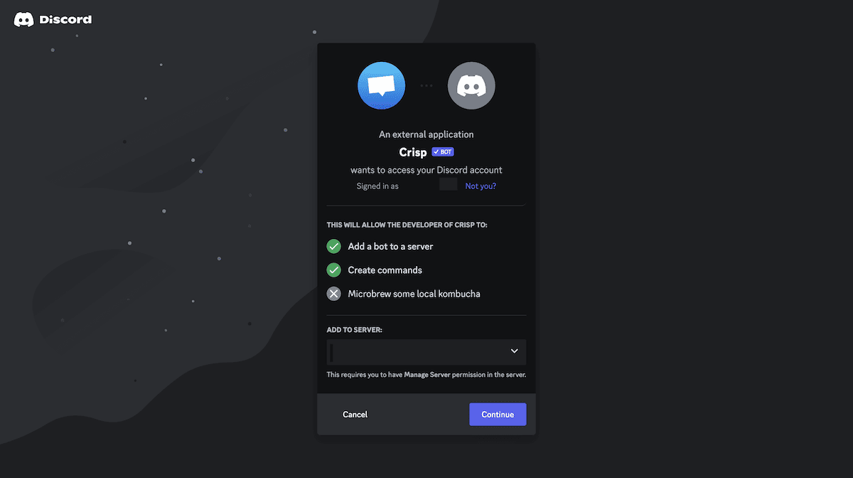 Schermata di verifica di Discord per assistere nella connessione a Crisp.