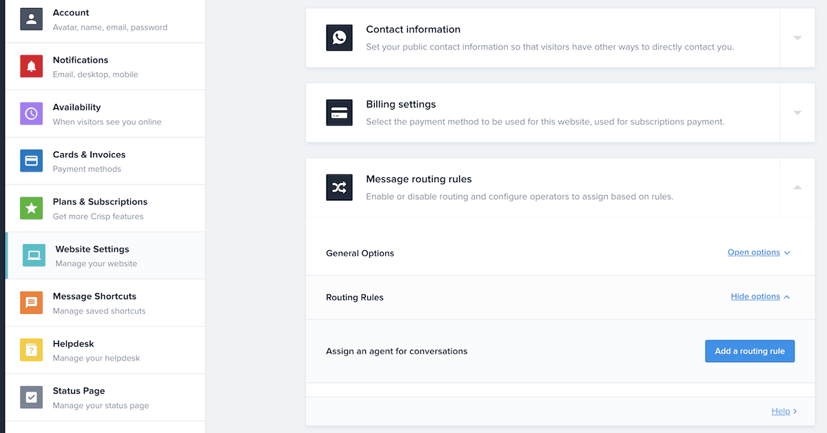 Il sito Web Crisp che mostra le opzioni delle regole di routing dei messaggi.