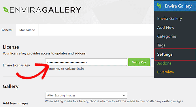 Tambahkan kunci lisensi Galeri Envira Add the Envira Gallery license key