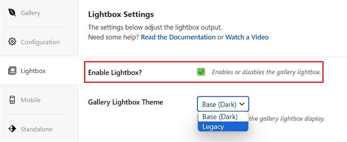 Aktifkan opsi lightbox Enable the lightbox option