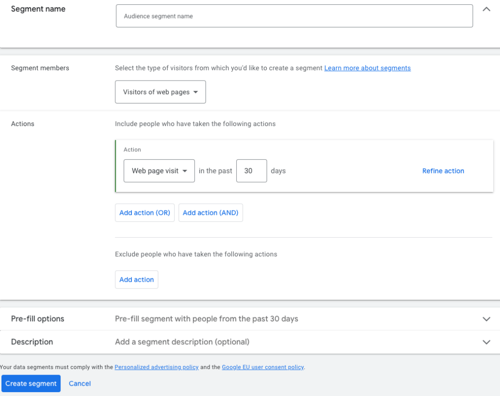 Ten obraz pokazuje, jak utworzyć nowy segment na koncie Google Ads, aby uruchomić kampanię remarketingową.
