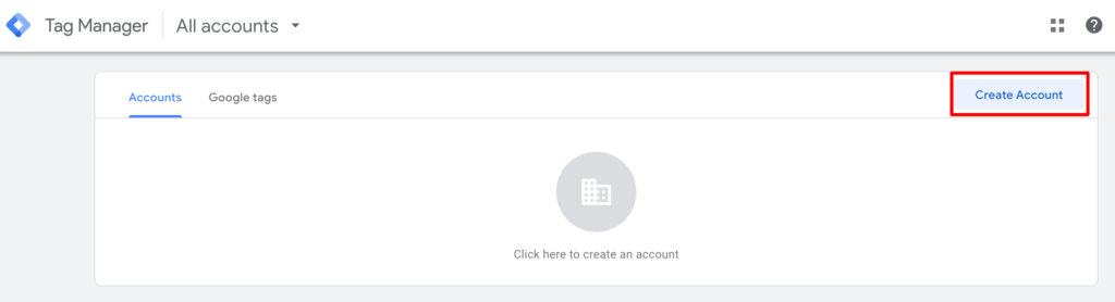 Ten obraz pokazuje, jak utworzyć konto menedżera tagów Google