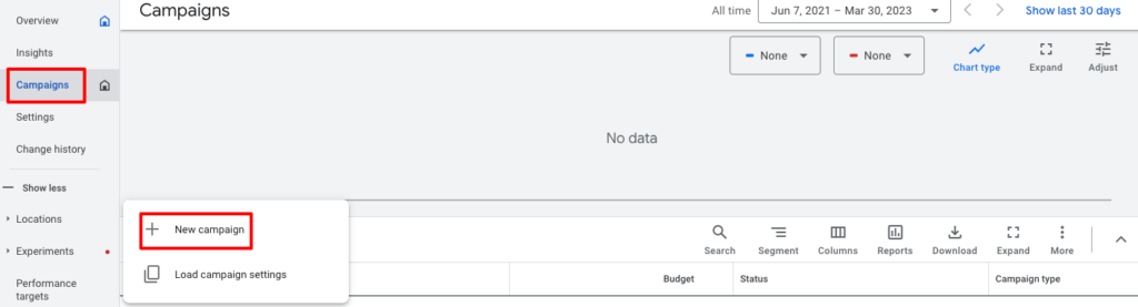To jest zrzut ekranu pokazujący jak utworzyć nową kampanię z konta Google Ads.