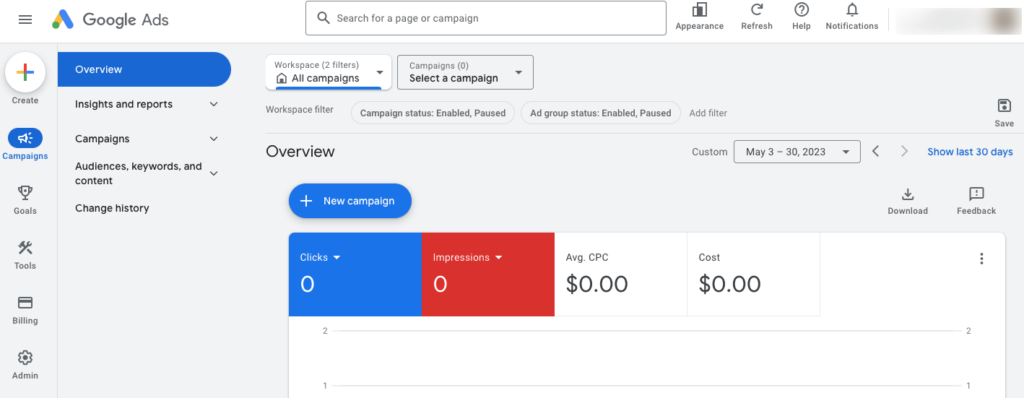 To jest zrzut ekranu konta Google Adwords