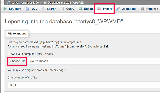 Importa file SQL Import SQL file