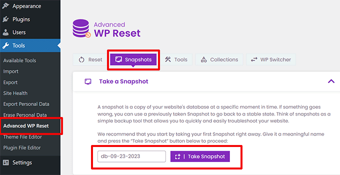 Effettua il backup del database con lo strumento Snapshots Make database backup with Snapshots tool