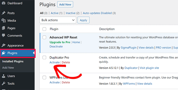 Attiva il plugin Duplicatore Activate Duplicator plugin