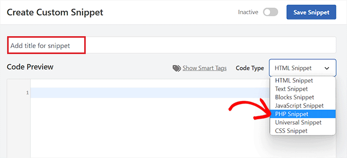 Fragment PHP ca tip de cod PHP Snippet as code type